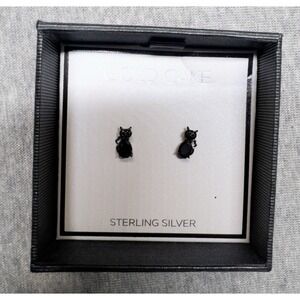 Gold Cake Sterling Silver Black Cat Stud Earrings NIB